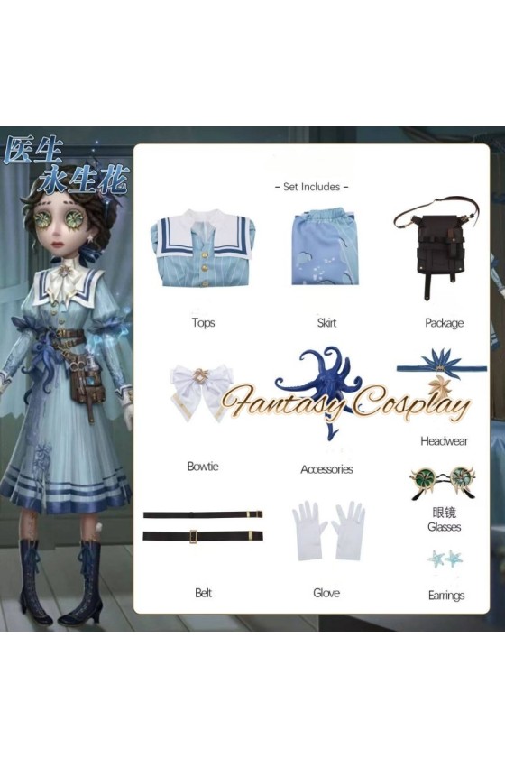 Identity V Doctor Emily Dyer Eternal Flower Taxidermist Blue Cosplay Costume